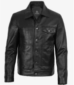Men’s Vintage Black Leather Trucker Jacket - Image 3
