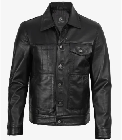 Mens classic leather trucker jacket
