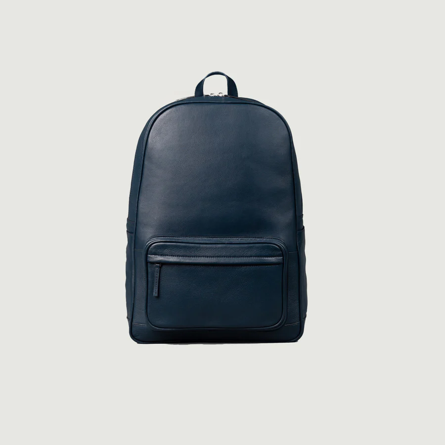 blue leather backpack