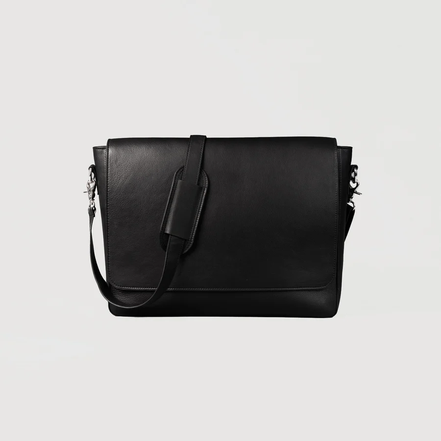 black leather messenger bag