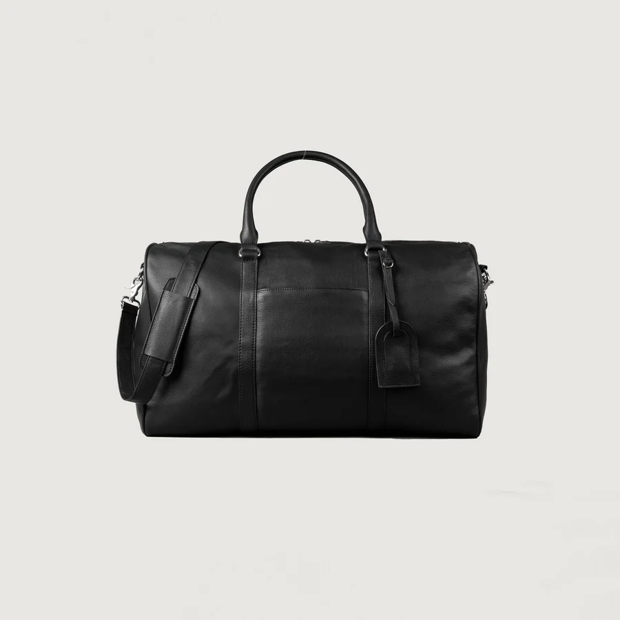 black leather duffle bag