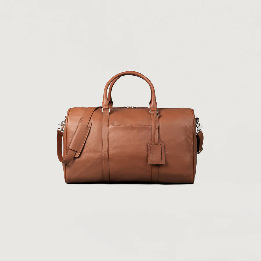 brown leather duffle bag