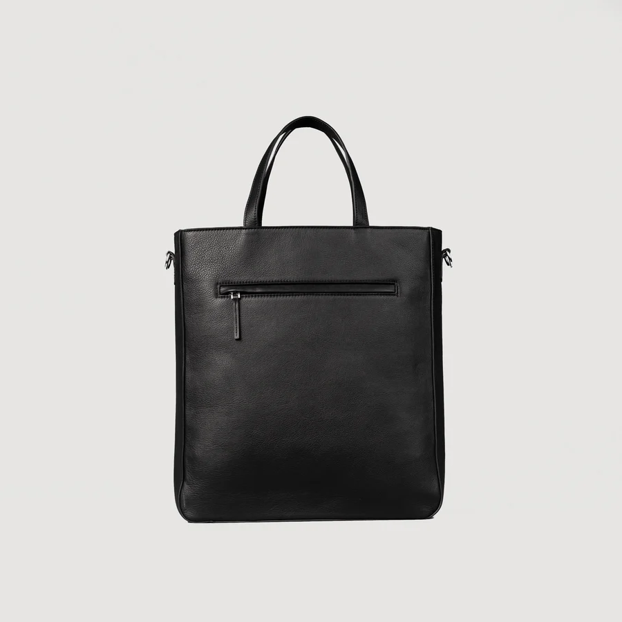 black leather tote bag with zipper