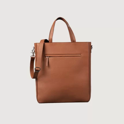brown leather tote bag with zipper