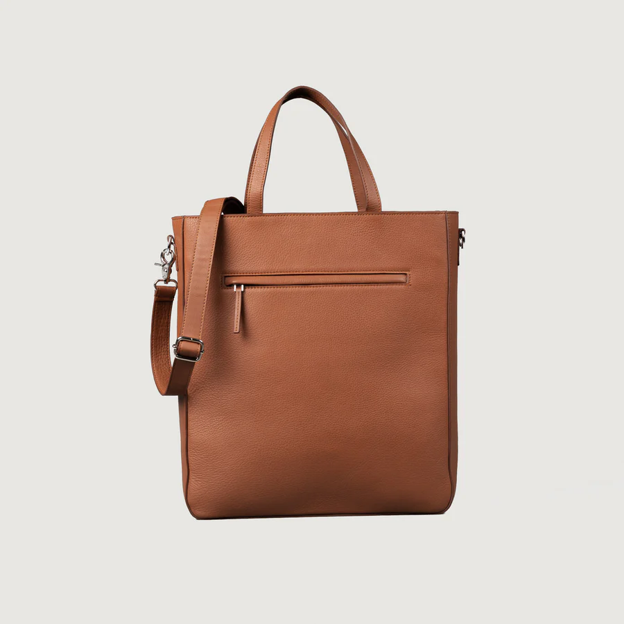 brown leather tote bag with zipper