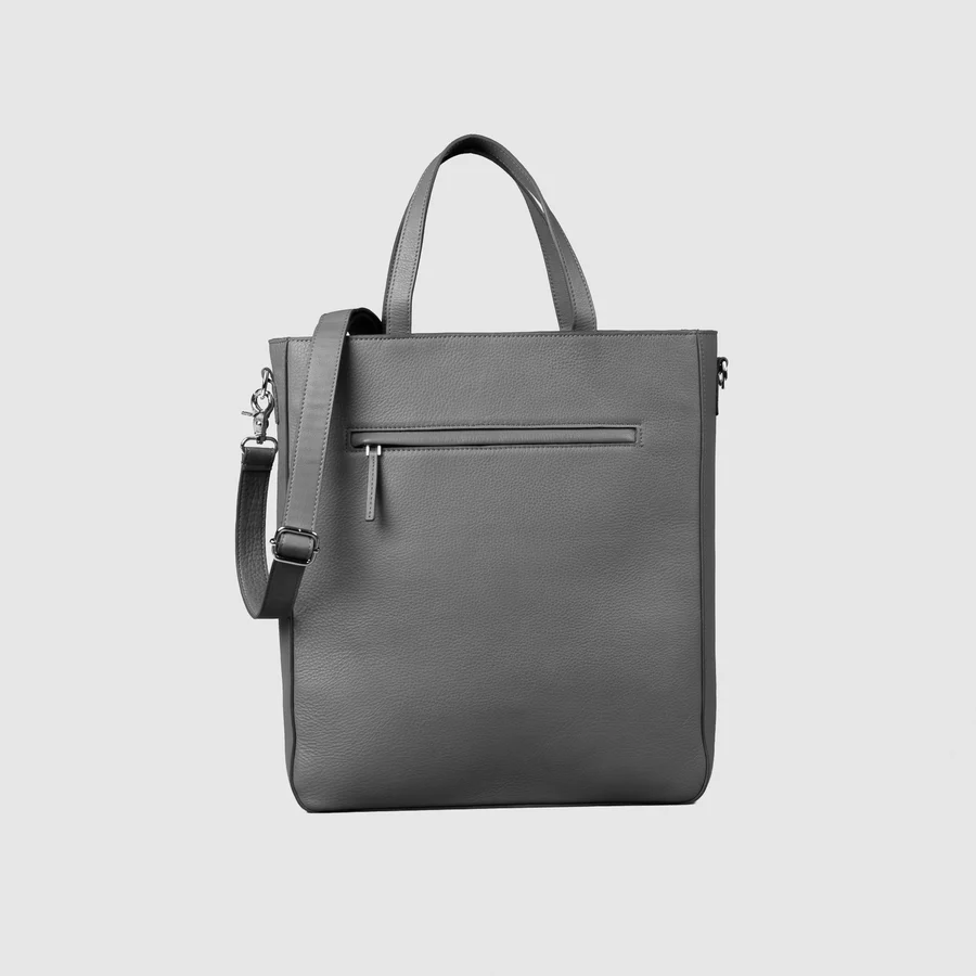 grey leather tote bag