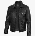 Men’s Vintage Black Leather Trucker Jacket - Image 2