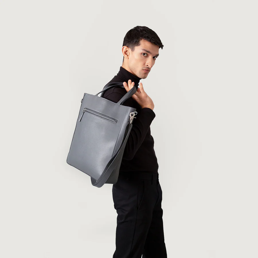 The Poet Grey Leather Tote Bag With Zipper - Image 5