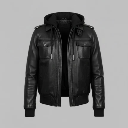 Roslyn Women's Black Hooded Leather Bomber Jacket