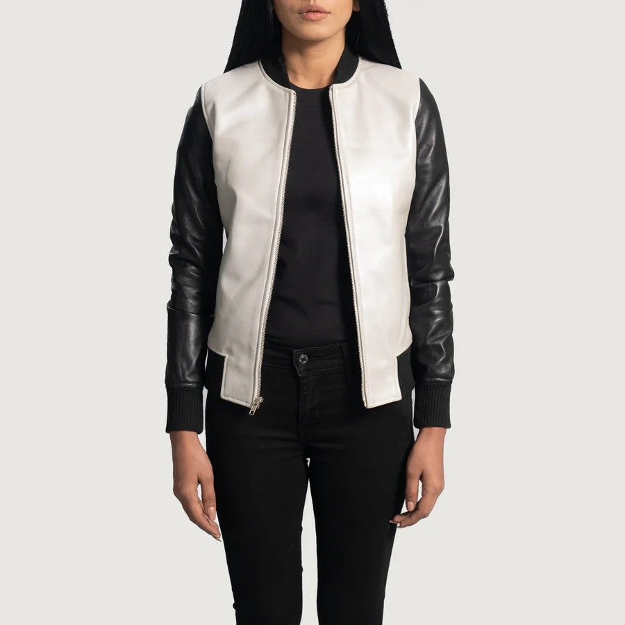 Cole Women's Silver Leather Bomber Jacket - Image 5