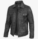 Black Washed Leather Trucker Style Jacket for Men - Image 2