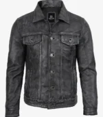 Black Washed Leather Trucker Style Jacket for Men - Image 4