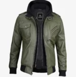 Men's Olive Green Bomber Jacket with Removable Hood