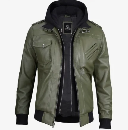 Men's Olive Green Bomber Jacket with Removable Hood