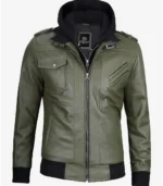 Men's Olive Green Bomber Jacket with Removable Hood - Image 2