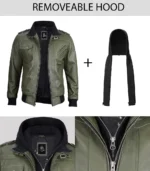 Men's Olive Green Bomber Jacket with Removable Hood - Image 3