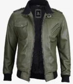 Men's Olive Green Bomber Jacket with Removable Hood - Image 4