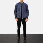 Charcoal Navy Blue Suede Leather Biker Jacket for Men - Image 5
