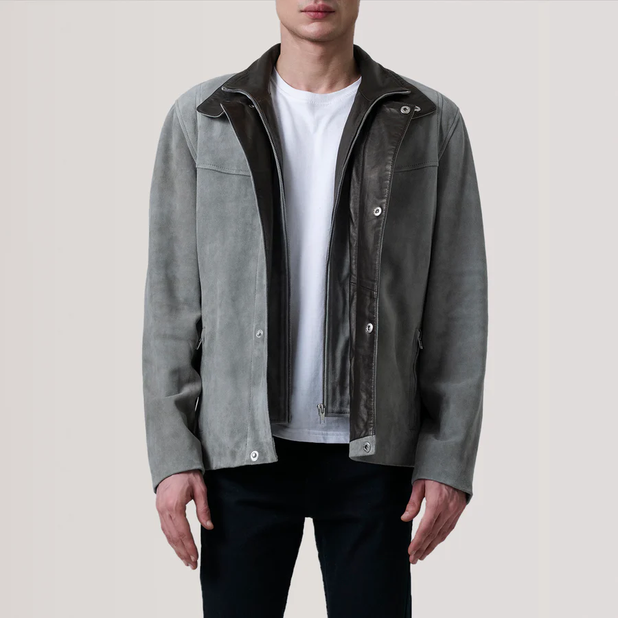 Grey Suede Cafe Racer Jacket