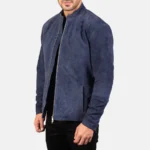 Charcoal Navy Blue Suede Leather Biker Jacket for Men - Image 4