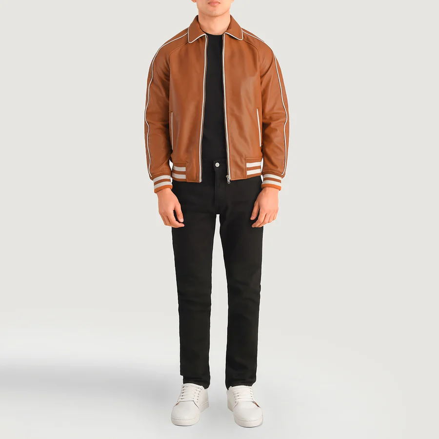 Cooper Men's Tan Brown Leather Varsity Jacket - Image 6