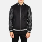 Harrison Men's Black Varsity Jacket with Leather Sleeves - Image 5