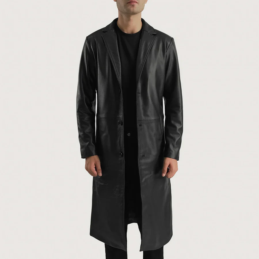 black leather trench coat