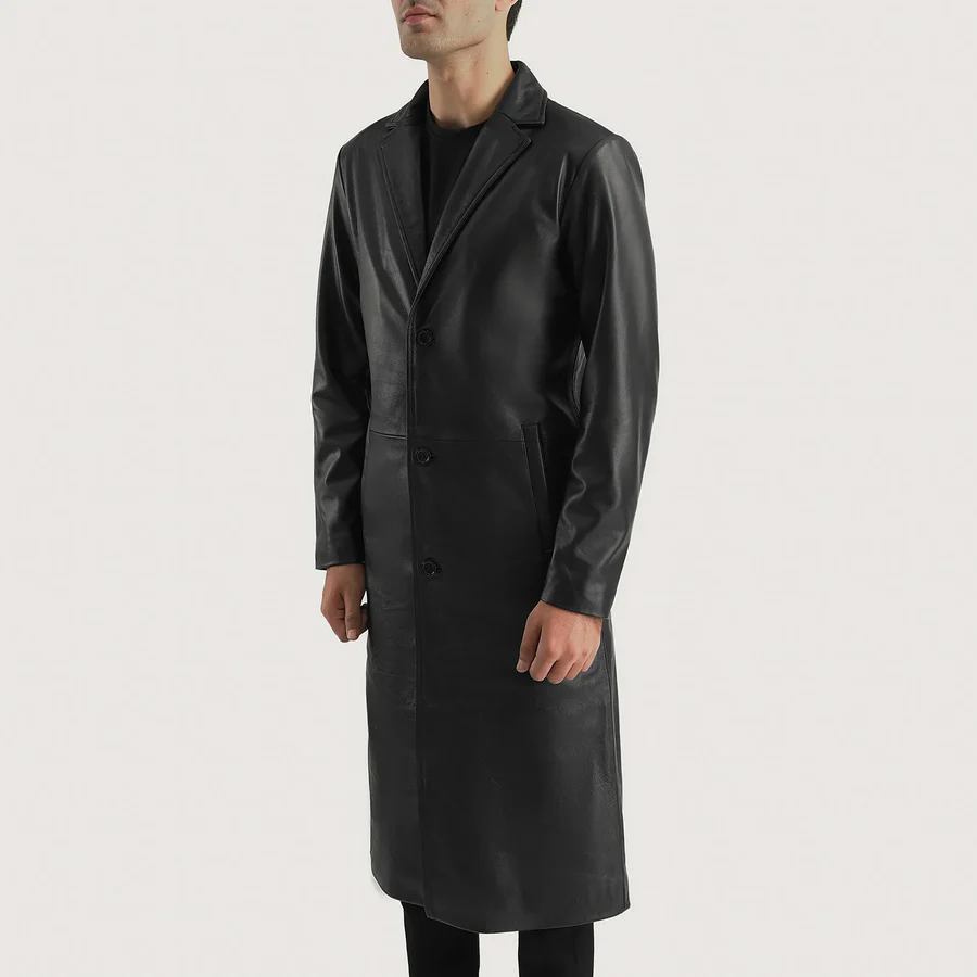 Mateo Men’s Single Breasted Black Leather Coat - Image 4