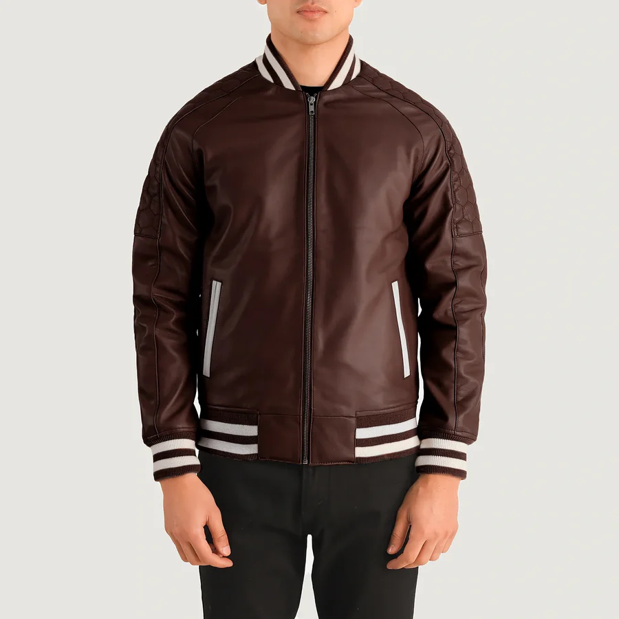 Pascal Men's Maroon Leather Letterman Jacket - Image 5