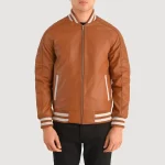 brown and tan varsity jacket