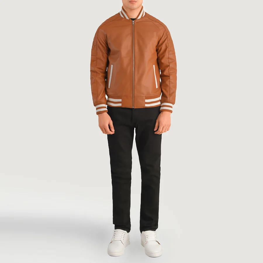 Pascal Men's Tan Brown Leather Varsity Jacket - Image 5