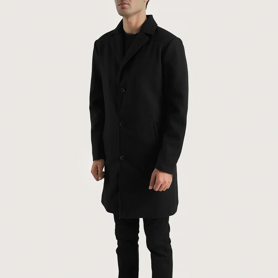 Petrillo Men's Long Single Breasted Black Wool Coat - Image 4
