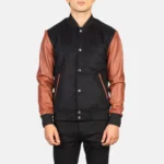 Men's Black and Brown Varsity Baseball Jacket - Image 6