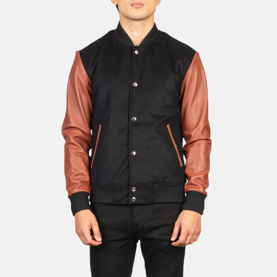 Men's Black and Brown Varsity Baseball Jacket - Image 6