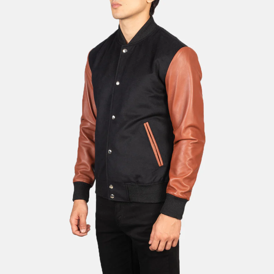 Men's Black and Brown Varsity Baseball Jacket - Image 4