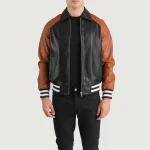 black and brown varsity jacket