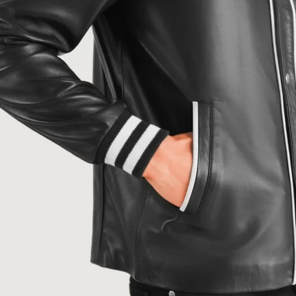 black collarless leather jacket