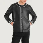 black collarless leather jacket for men