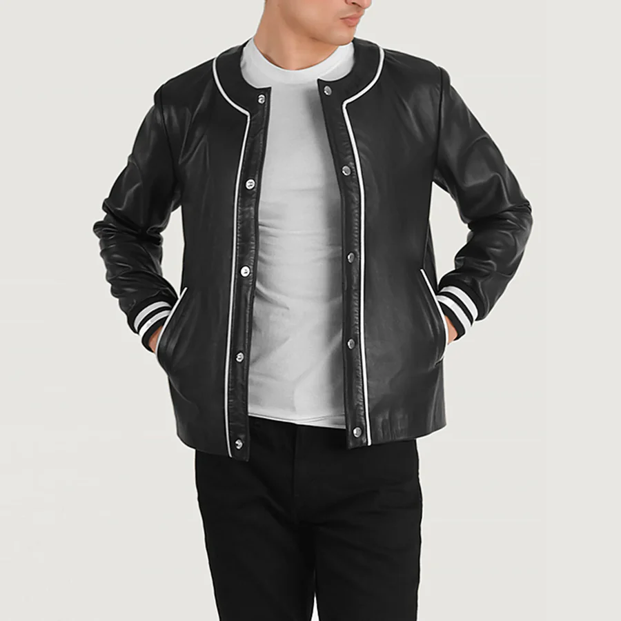 black collarless leather jacket