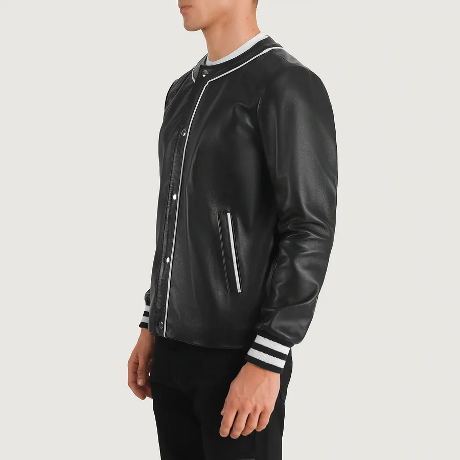 men’s collarless leather jacket