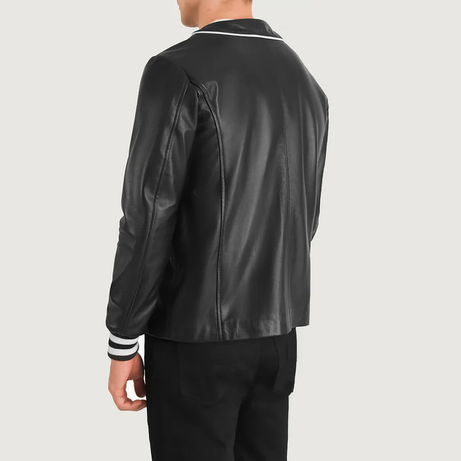 collarless black leather jacket