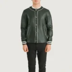 Willis Men's Green Leather Collarless Varsity Jacket - Image 6