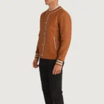 Willis Men's Tan Brown Leather Collarless Varsity Jacket - Image 4