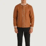 Willis Men's Tan Brown Leather Collarless Varsity Jacket - Image 6
