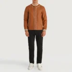Willis Men's Tan Brown Leather Collarless Varsity Jacket - Image 5