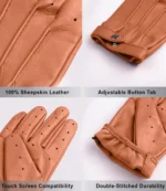 Jasper Tan Leather Gloves With Strap Closure For Men - Image 4