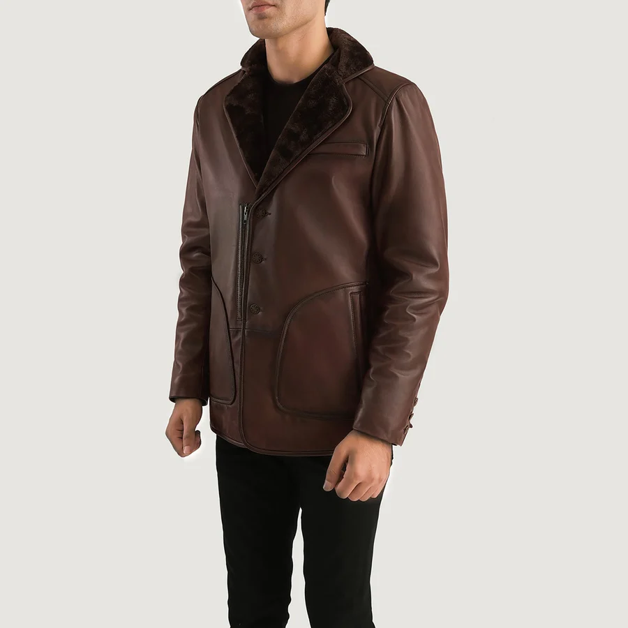 Brown Leather Coat With Fur Collar - Image 3