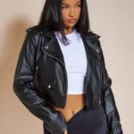 black cropped leather jacket for women