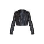 Black Cropped Faux Leather Biker Jacket for Women - Image 5