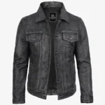 Black Washed Leather Trucker Style Jacket for Men